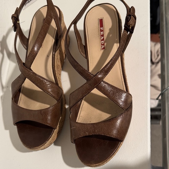 Prada Women's Brown Leather Wedges - Picture 1 of 6
